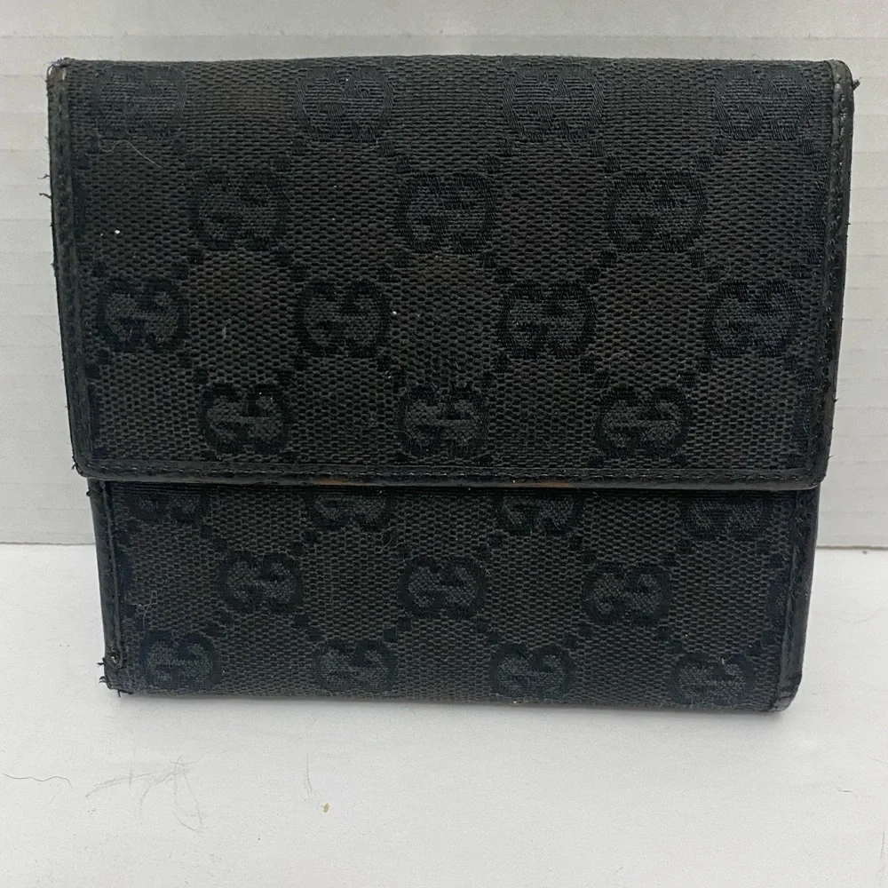 Gucci Black GG Monogram Wallet with Silver Horsebit Ring Clasp